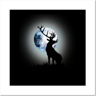 deer illustration and blue moon Posters and Art